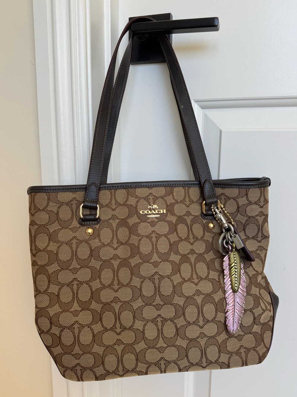 *Like-New* Coach Brown Signature Canvas Tote with Pink & Gold Feather Charm